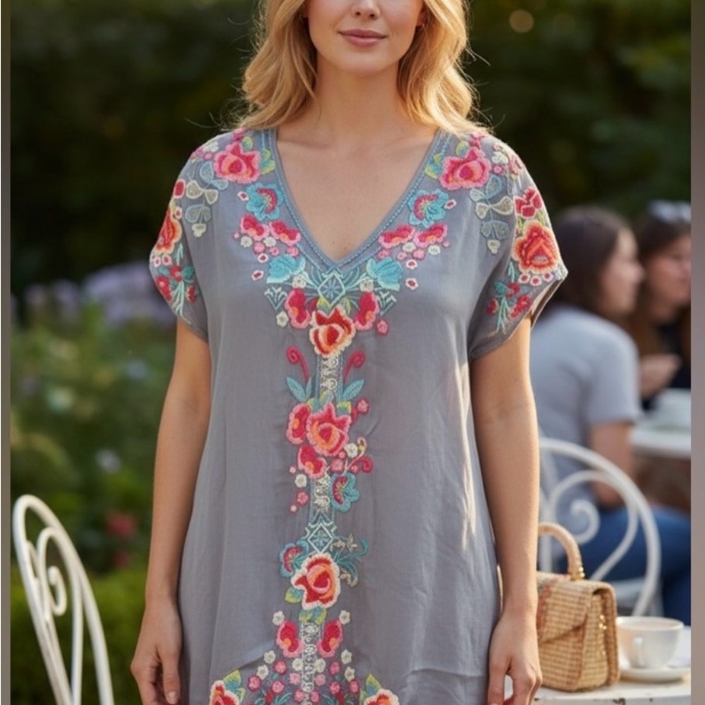 Johnny Was Lavender Embroidered Floral Mini Dress with Orange and Yellow Accents - Picture 2 of 13